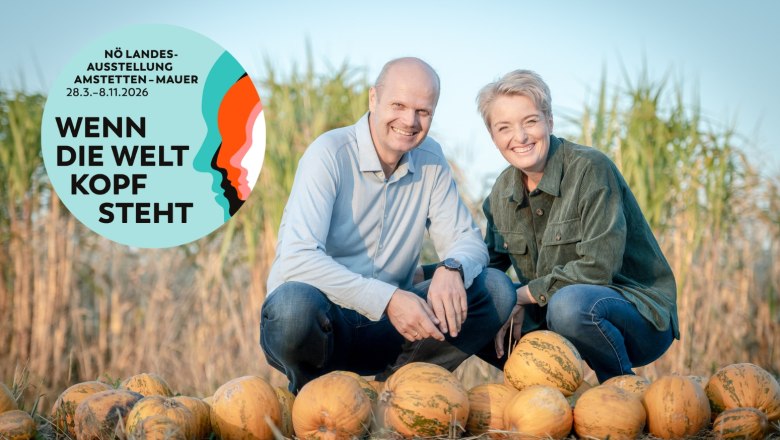 Kürbishof Metz, © Uschi Wolf Zwei Personen knien hinter einer Reihe von Kürbissen auf einem Feld. Ein Logo der NÖ Landesausstellung ist links im Bild.