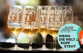 Mehrere Weingläser mit der Aufschrift 'Mostelleria' und ein Logo der NÖ Landesausstellung 2026.