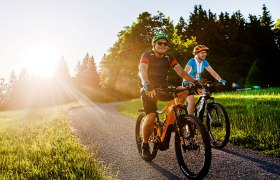 Zwei Personen fahren bei Sonnenuntergang auf E-Bikes auf einem Weg durch eine gr&uuml;ne Landschaft.