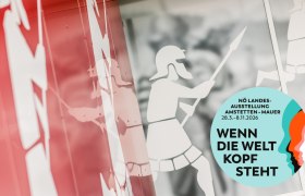 Grafik von römischen Soldaten mit Speeren und einem Kreis mit Text zur Ausstellung in Amstetten-Mauer.
