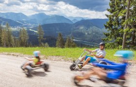 Personen fahren auf Dreirädern einen Hügel hinunter mit Berglandschaft im Hintergrund.