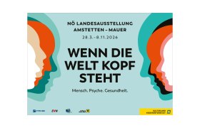 Plakat der NÖ Landesausstellung 2026 mit bunten Profilen und dem Titel 'Wenn die Welt Kopf steht'.