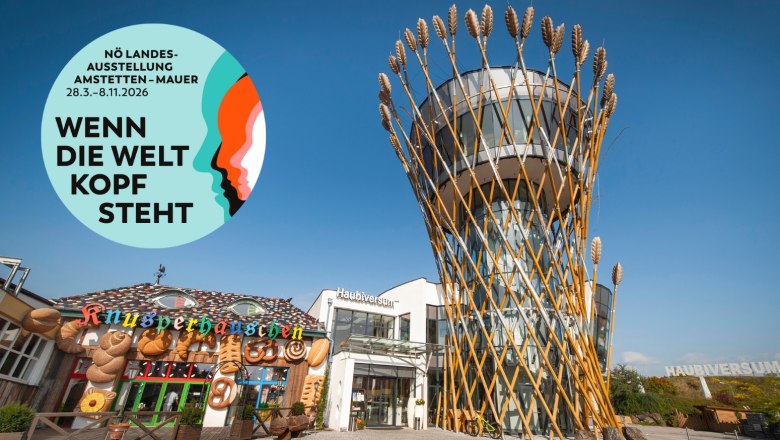 Geb&auml;ude mit Turm aus Weizen&auml;hren und Knusperh&auml;uschen, Plakat f&uuml;r N&Ouml; Landesausstellung 2026.