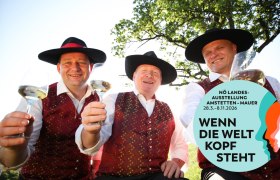 Drei Männer in traditioneller Kleidung mit Weingläsern, lächelnd unter einem Baum. Logo der NÖ Landesausstellung 2026 rechts unten.