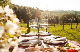 Ein gedeckter Tisch im Freien mit Weingläsern und Wurstplatte vor einer grünen Landschaft.